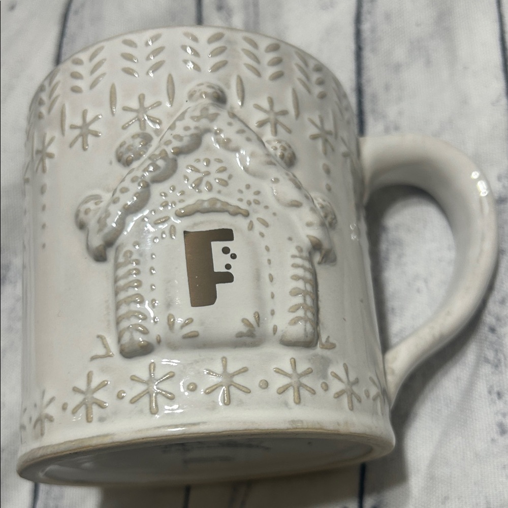 Anthropologie Cream Embossed Mug with House Design